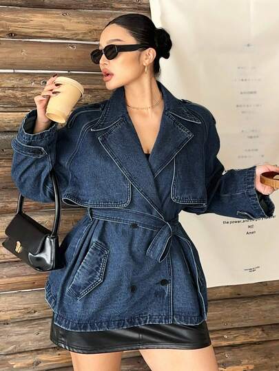 Dazy Plus 大码女式休闲牛仔外套，宽翻领，宽松系带腰身，优雅防风大衣，适合秋冬季穿着