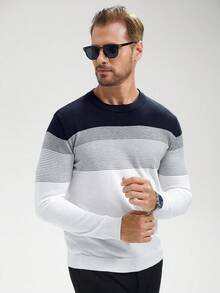 Manfinity Homme Men's Festive Rib-Knit GreenChristmas Family Cartoon Pattern Men Sweater Christmas Sweater With Gnome Graphic Long Sleeve Round Neck Pullover Father Son Matching Sweaters Men Long Sleeve Knit - Blue and White - View 4