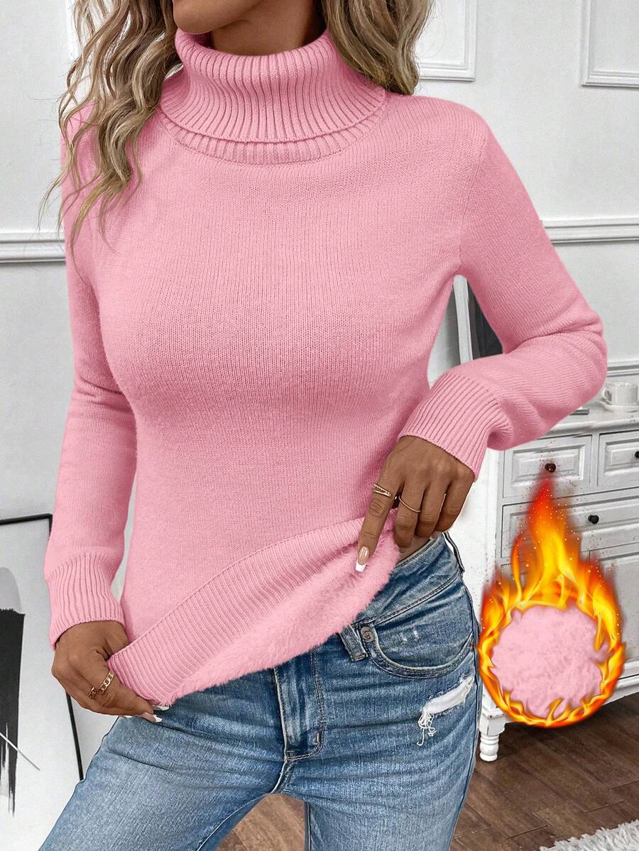 EMERY ROSE Women's Solid Color Turtleneck Long Sleeve Fitted Knit Sweater - Pink - View 1