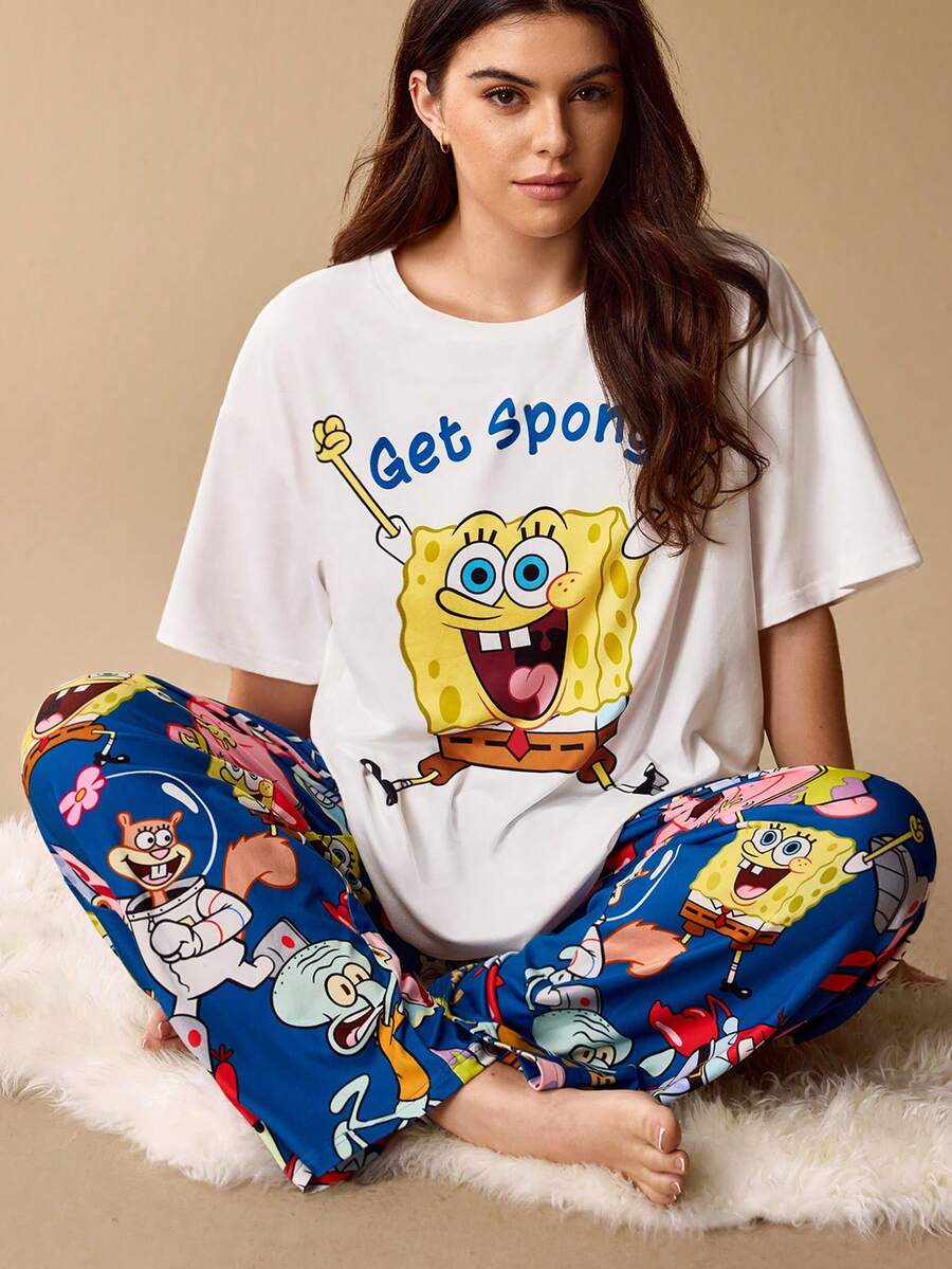 SpongeBob SquarePants | SHEIN 大码字母卡通图案圆领短袖上衣和裤子睡衣套装 - 白色 - 查看 1