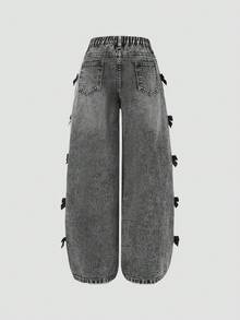SHEIN Sparklyn Girls & Teens Y2K Streetwear Casual Distressed Asymmetrical Waist Soft Comfortable Light Wash Blue Jeans, Versatile All-Match Everyday Wear, Spring/Summer 2025 New Arrival Jeans With Bows Grey Jeans Bow Jeans Grey Grey Baggy Jeans Bows On Clothes