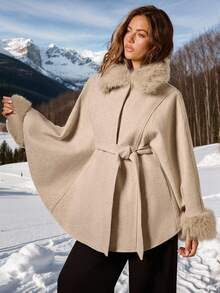 COSMINA Winter Clothes For Women Solid Color Collar Belt Elegant Cape Overcoat,Autumn Outfits For Women Beige Coat - Apricot - View 4