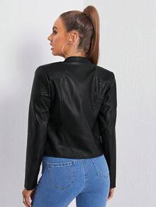 SHEIN Essnce Chaqueta de motociclista de PU con cremallera delantera para otoño/invierno - Negro - Ver 2