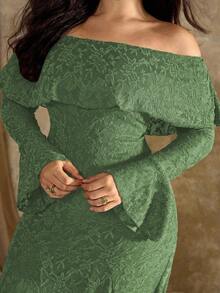 Roveilla 大码女式法式休闲牡丹花卉露肩鱼尾连衣裙 - 綠色 - 查看 5