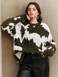 Anewsta Elegante Suéter de Gola Redonda Plus Size de Cashmere Macio e de Alta Qualidade com Enfeites de Strass, Verde, Plus Size