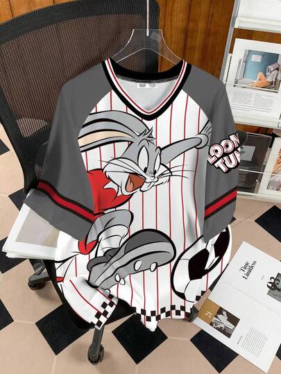 LOONEY TUNES X SHEIN Women's Striped & Cartoon Pattern V-Neck Short Sleeve T-Shirt