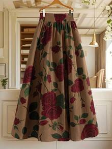 GlowEve CURVE 女式优雅休闲大花灰棕色喇叭裙 - 彩色 - 查看 1