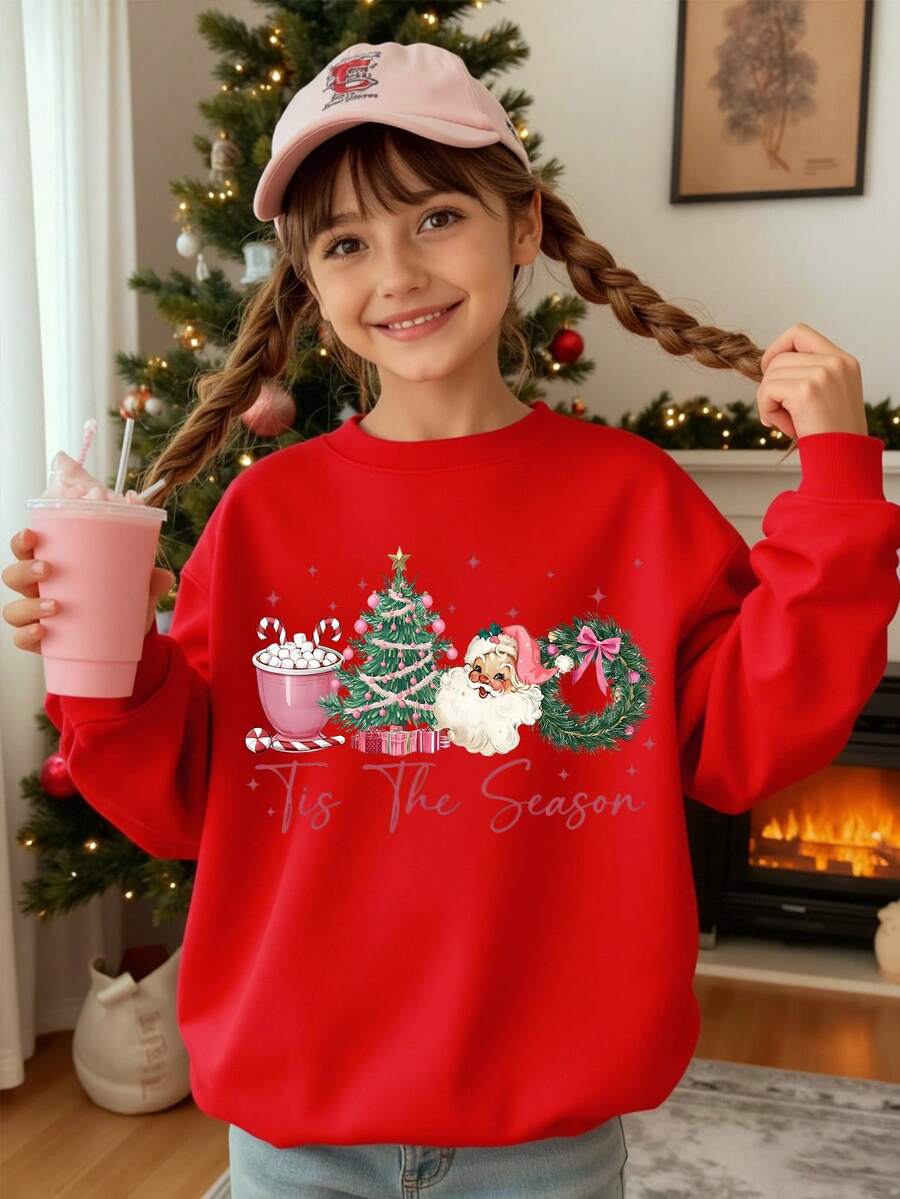 SHEIN Áo nỉ cổ tròn in hình ông già Noel, cây thông Noel, vòng hoa và kẹo gậy Giáng sinh dễ thương, sáng tạo, thích hợp cho các bữa tiệc Giáng sinh. - Đỏ - Xem 1