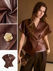 MOTF PREMIUM CHAQUETA DE CUERO PU CON BOTÓN DE METAL ROSA DE ESTILO RETRO Y HOMBROS ANCHOS PARA MUJER - Marrón - Ver 6