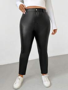 SHEIN Essnce Plus Size Women's Black Winter Smart Casual Date Night Thermal Lined PU Leather Leggings, Stretch Pocket Pants,Warm Fall Clothes For Women - Black - View 3