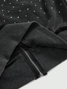 ROMWE Grunge Punk Y2K Kpop Rhinestone Washed Distressed Crop Sweatshirt - Black - View 6