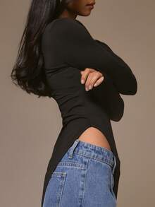 MUSERA 修身长袖超长不对称下摆上衣，酷女孩风，街头风，可爱，适合冬季节日、假期、春夏穿着 - 黑色 - 查看 5