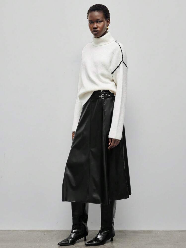 SHEIN Maija Women's Black High-Quality PU Fabric Fitted Comfortable A-Line Skirt, Front PU Button Loop Decor, Versatile For Modern Vacation, Casual, All Season, Suitable For Country Music Festival, Western Style, Boho Chic, Elegant Country Music Festival Modern Urban Casual Fashion Business Casual Women's Office Wear Low-Key Old Money Style Effortless Temperament High-End Urban Commuting High-Quality Airport Women's Wear High-End Material Street-Cool, High-End, Simple, Cool Motorcycle Style Workwear