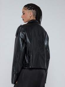 COUREZ Chaqueta de motociclista de piel sintética oversize, chaqueta negra de otoño-invierno Y2K para Año Nuevo - Negro - Ver 3
