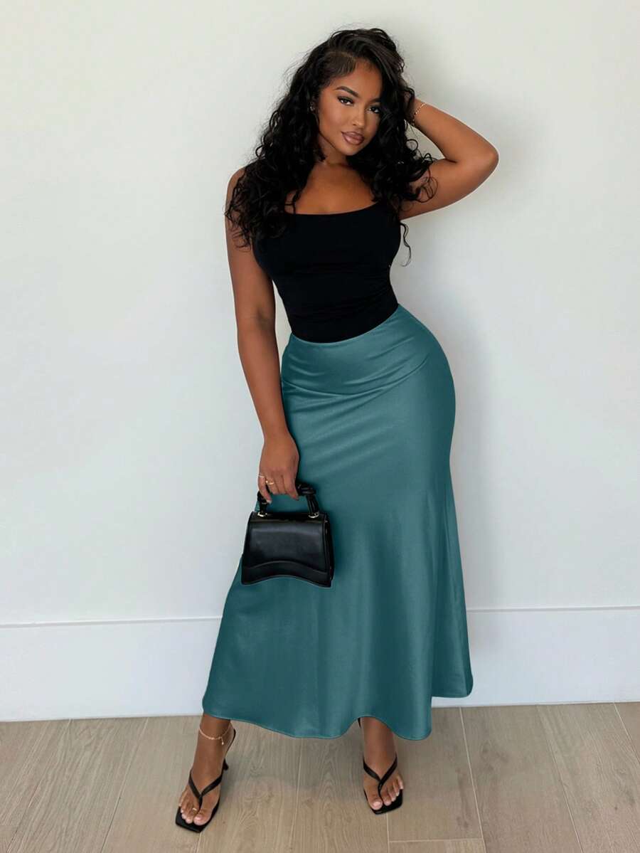 Alexandranx Women's Elegant Solid Color High Waist Skirt, Suitable For Commuting - Cadet Blue - View 1