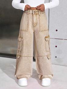 SHEIN Tween Girl Y2K Spring Summer Trending Solid Washed High Waist Flap Pocket Baggy Straight Leg Cargo Jeans,Girls Summer Back To School Streetwear,Beach Boho Concert Wide Leg Pants Rave Festival,Graduation - Khaki - View 5