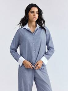 Loungeista 2pcs Women Striped Button-Front Long Sleeve Pajama Set + Drawstring Waist Pants, Cute Sleepwear Suit - Blue - View 7