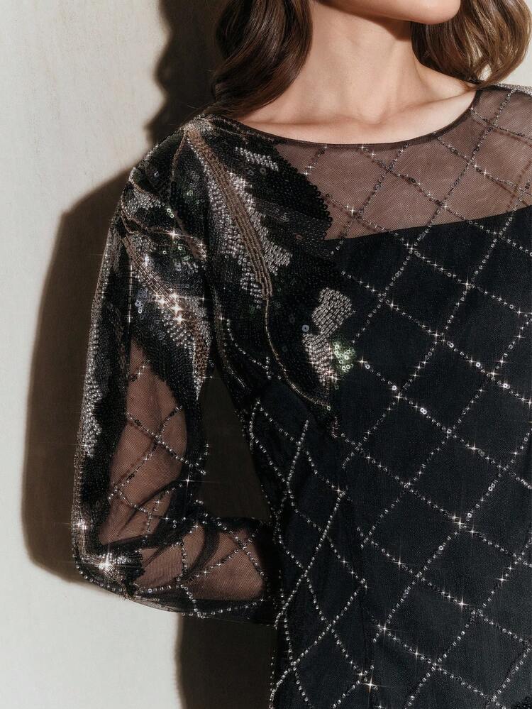 Women's Fashion New Beaded Embroidery Mesh Floral Pattern Elegant Party Dress, Suitable For Fall, Winter, Spring, New Year, Party, Wedding, Chic, Stylish, Work, Thanksgiving, Graduation, Christmas, Festival, Elegant, Christmas Dress