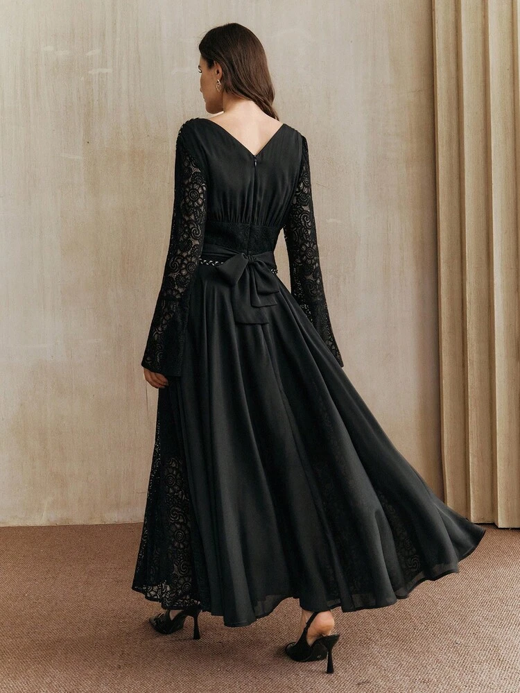 Women's New Black Lace Chiffon Long Sleeve Elegant A-Line Dress, Suitable For Autumn, Winter, Spring And Summer