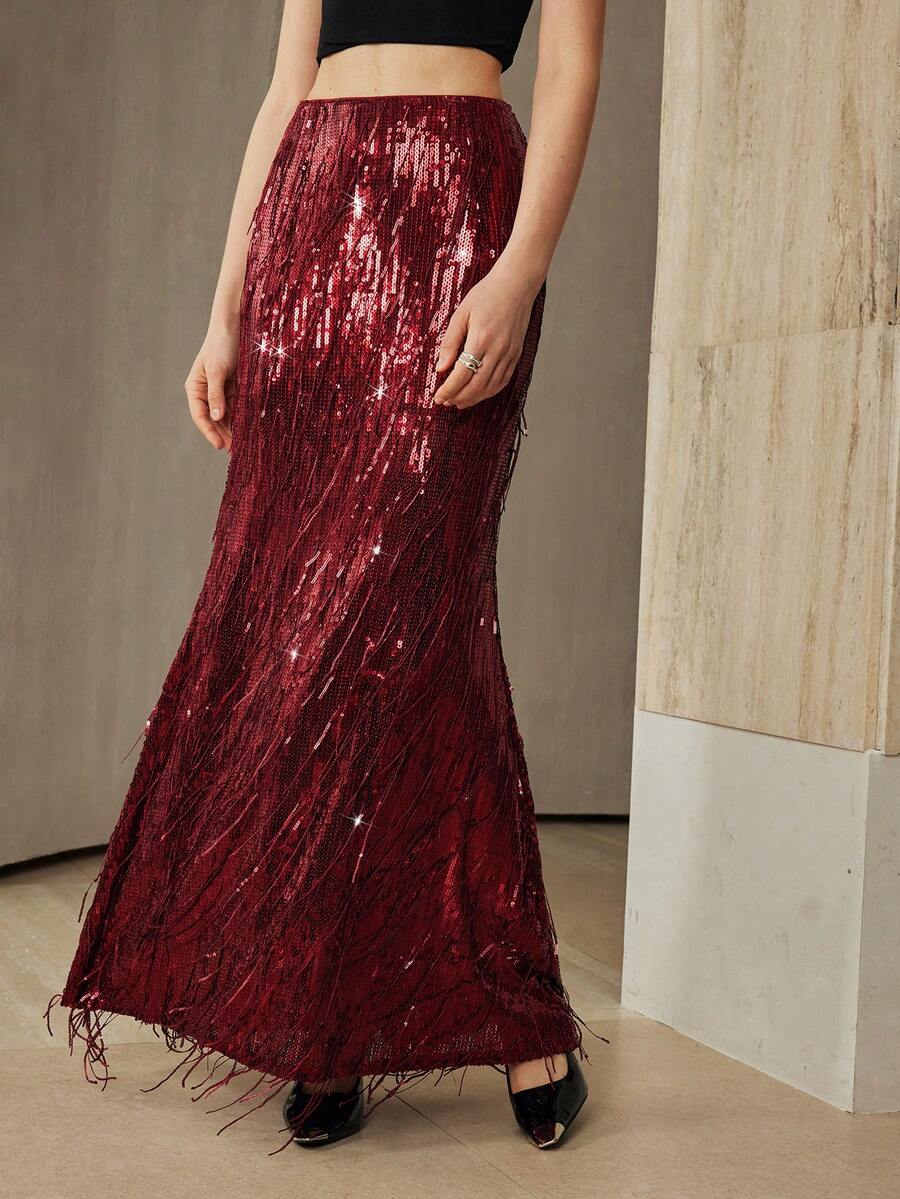 Arave Women's Sequin Fringe Silver Mermaid Skirt, Personalized For Party, / Elegant Evening Skirt, Bridesmaid Skirt, Banquet,Festival Outfits Women,Wedding Guest Skirt Womenfall Women Clothes Fall Outfits Women Fall Autumn Clothes  Party Skirt   Red Skirt - Red - View 1