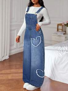 SHEIN Teen Girl Frayed Heart Denim Loose Fit Overalls - Dark Wash - View 4