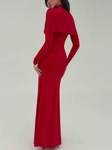 Aloruh 女士浪漫斗篷针织连衣裙，收腰A字喇叭裙摆，复古美人鱼尾毛衣连衣裙，适合秋冬季、圣诞节、新年穿着 - 紅色 - 查看 3