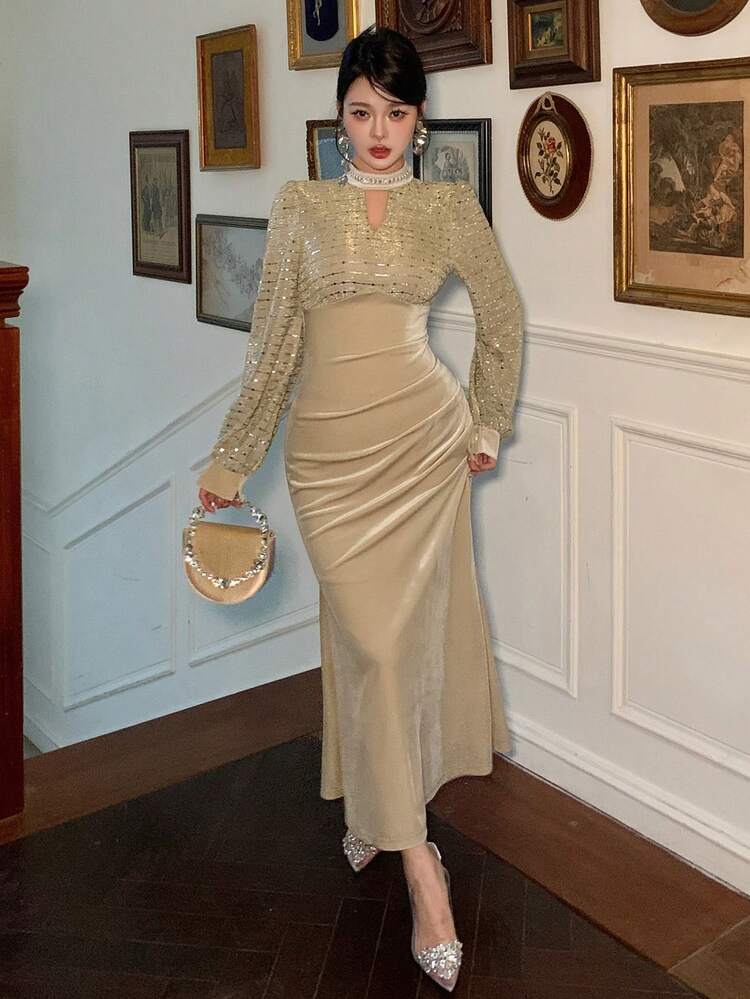 Women's Elegant Long Dress With Stand Collar, Long Sleeves, Waist Cinching, Fabric Patchwork