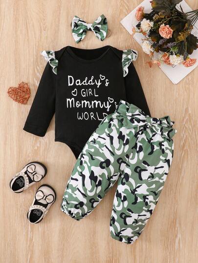 3pcs/Set Baby Girls Autumn New 2025 Envelope Collar Black Flutter Sleeve Camouflage Ruffle Hem Bodysuit, English Letter Print Casual Camouflage Pants, Camouflage Headband, Comfortable Crawling Suit