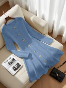 SHEIN LUNE 女士时尚优雅百搭长袖套头针织连衣裙，独特精致，适合春秋季穿着 - 霧霾藍 - 查看 3