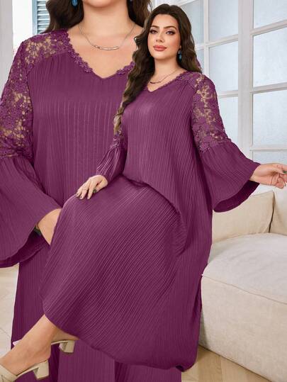 Modelyn 大码V领蕾丝拼接荷叶边长袖宽松休闲连衣裙，春夏款