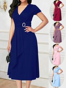 EMERY ROSE 女式V领腰线褶皱短袖连衣裙酒红色长款女装