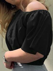 Jeta Ari Women Solid Color Off Shoulder V-Neck Cinching Waist Blouse,Short Sleeve Tops - Black - View 7