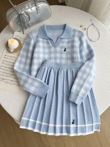 Sparklyn 2pcs/Set Girls Knitted Outfit, Pink Cute Embroidered Rabbit Plaid Sweater + Knitted Mini Skirt, Teenage Girls Long Sleeve V-Neck Pullover, Casual Elegant Style For Autumn/Winter