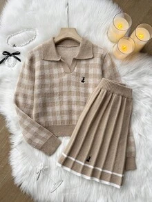 Sparklyn 两件套女童针织套装，粉色可爱刺绣兔子格子毛衣+针织迷你裙，少女长袖V领套头衫，秋冬季休闲优雅风