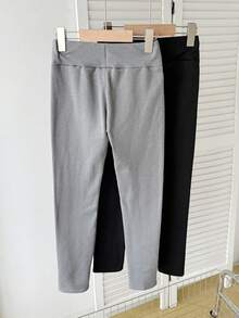 SHEIN 2条装少女保暖高腰打底裤，柔软舒适的罗纹面料，带字母标志，黑色和浅灰色。 - 彩色 - 查看 2
