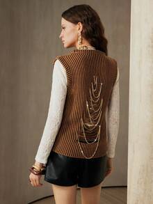 Revavyn Áo len chui đầu dáng rộng bằng sợi Acrylonitrile thiết kế dây xích vàng khoét rỗng cho nữ khi đi làm - Nhiều màu - Xem 6