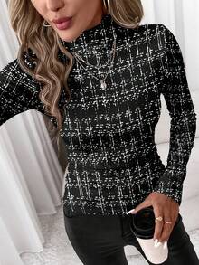 SHEIN Clasi Áo thun cổ lọ họa tiết kẻ sọc đen trắng chấm bi đơn giản, giản dị dành cho nữ, phù hợp cho mùa thu/đông - Nhiều màu - Xem 3