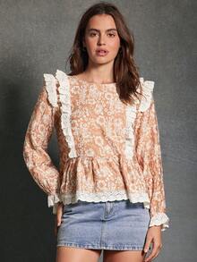 WESTFADE 佩斯利印花钩花荷叶边圆领长袖层叠式上衣，适合秋季、冬季穿着，适合牛仔女郎、西部风格女性。