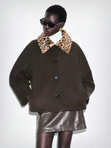 Lumivelle Women's Winter Jacket With Leopard Print Collar, Contrast Color Patchwork, Fashion Woolen Coat Series