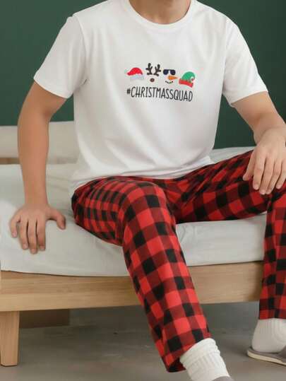 Conjunto para caballero pijama pantalón y playera blanca estampado personajes navideños unitalla 36/40