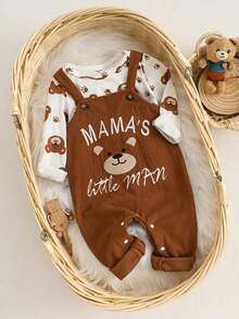 SHEIN Playful Pals 两件套男婴套装，长袖连体衣+背带裤，小熊字母刺绣，休闲卡通套装，婴儿连体衣，小熊摩卡色婴儿服装，妈妈的小绅士套装，新生儿服装，男女通用男婴小熊套装，新生儿连体衣，新生儿背带裤，1-18个月男婴服装，棕色小熊服装，新生儿男婴服装，秋冬季 - 棕色 - 查看 4