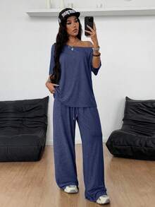 Coolane Trang phục dạo phố tối giản mùa hè dành cho nữ Trang phục cơ bản hàng ngày Đi chơi thể thao Áo phông trễ vai thoải mái và quần dài ống rộng Bộ đồ hai mảnh - Màu xanh hải quân - Xem 4