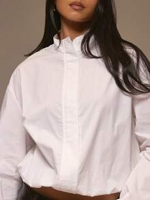 MUSERA Zip Through Puff Ball Hem Shirt Jacket Cool Girl Streetstyle Cute Fall Autumn Winter Holidays Party Spring Summer - White - View 3