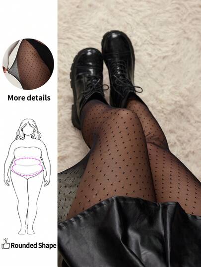 Enliva 加大码女士情人节蕾丝黑色爱心圆点印花网纱透视连裤袜，休闲日常穿着，春夏秋冬皆宜，适合苹果型圆臀身材