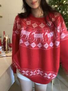 DAZY Women's Reindeer Colorblock Floral Pattern Long Sleeve Sweater, Christmas Style, Autumn/Winter Christmas - Red - View 3
