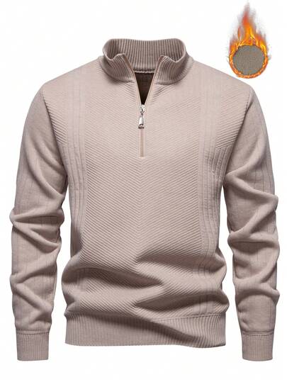Manfinity Mode 男士保暖内衬半拉链套头毛衣，秋冬针织衫男士高领纽扣针织Polo衫男士羊绒长袖上衣