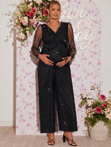 Loomaby Pregnant Women's Crossover V-Neck Mesh Lantern Sleeve Wide Leg Jumpsuit,Gender Reveal Dress,Maternity Dress, Baby Shower Dress Black Sequin Jumpsuit Mesh Jumpsuit Black Wedding Guest Dress Luxury Dress For Women Sheer Jumpsuit - Black - View 5