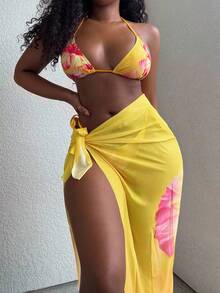 Alexandranx 3 件套女士夏季海滩度假休闲风格 3D 花卉印花比基尼套装，带网眼扭纹海滨连衣裙，波西米亚风格泳装 - 黃色 - 查看 3