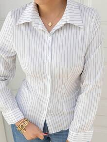 Melissa Matos Autumn Casual Buttoned Long Sleeve Slim Fit Striped Shirt Fall Cloth For Women - White - View 5