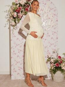 Loomaby 孕妇纯色褶皱花卉刺绣优雅不对称肩长袖连衣裙 - 杏色 - 查看 7